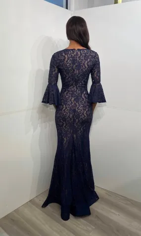 06836 Stretch Lace Evening Dress In Navy/nude