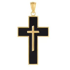 14k Yellow Gold And Black Enamel Cross Mens Pendant