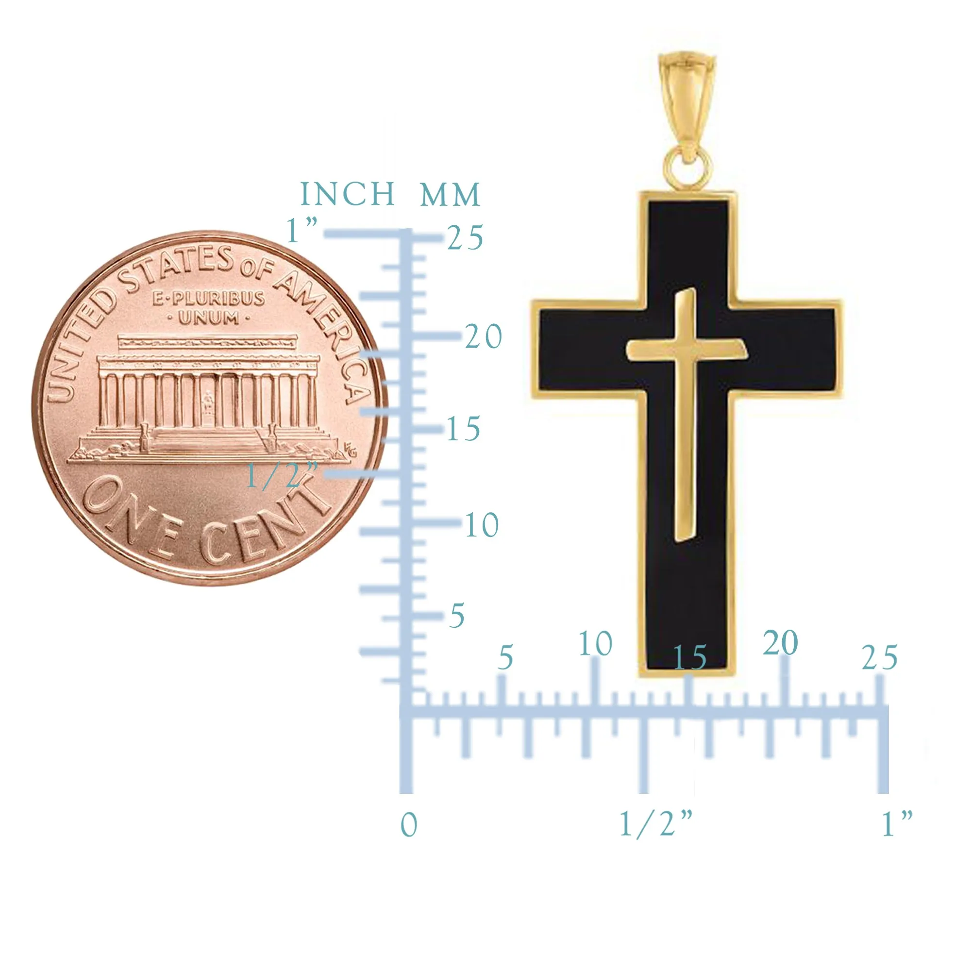 14k Yellow Gold And Black Enamel Cross Mens Pendant