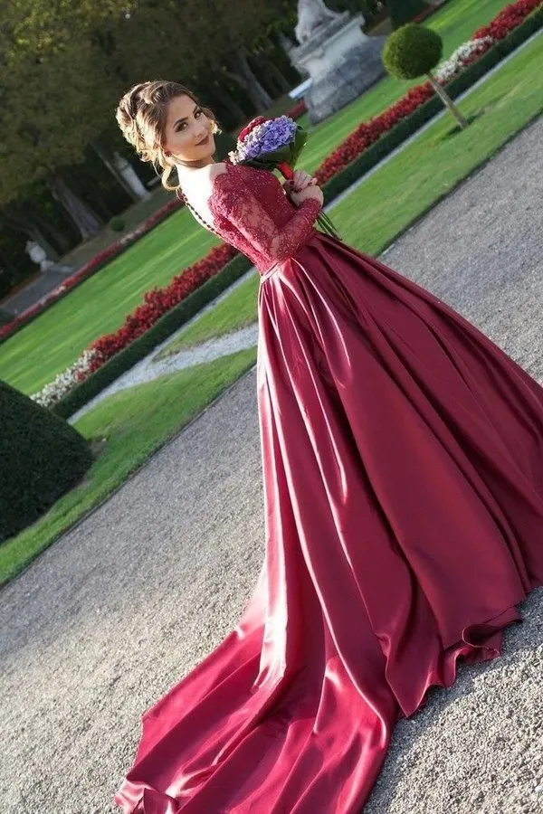 2024 A Line Scoop Prom Dresses Long Sleeves Satin With Applique P8NPLHY4