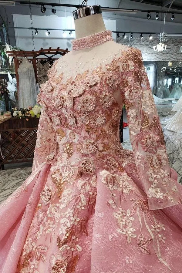 2024 New Prom Dresses Long Sleeves Ball Gown High Neck With Applique&Beads Lace PJFCBB91