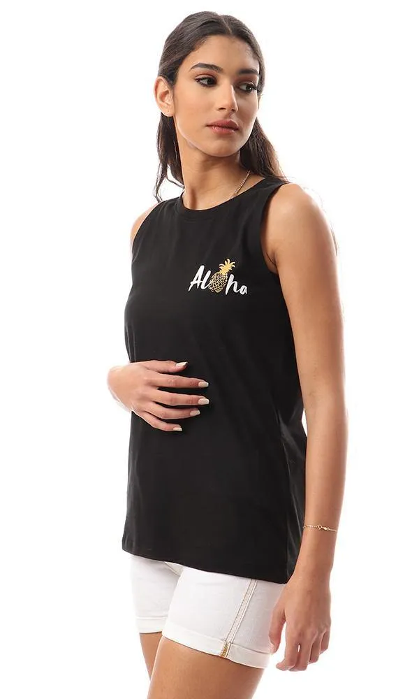 57637 Printed "Aloha" Sleeveless Black T-Shirt