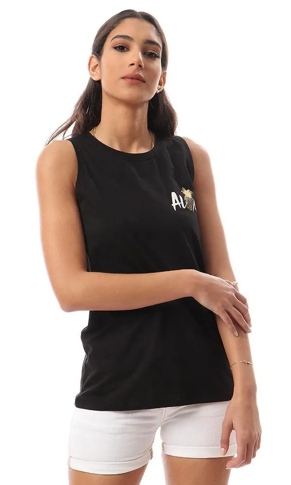 57637 Printed "Aloha" Sleeveless Black T-Shirt