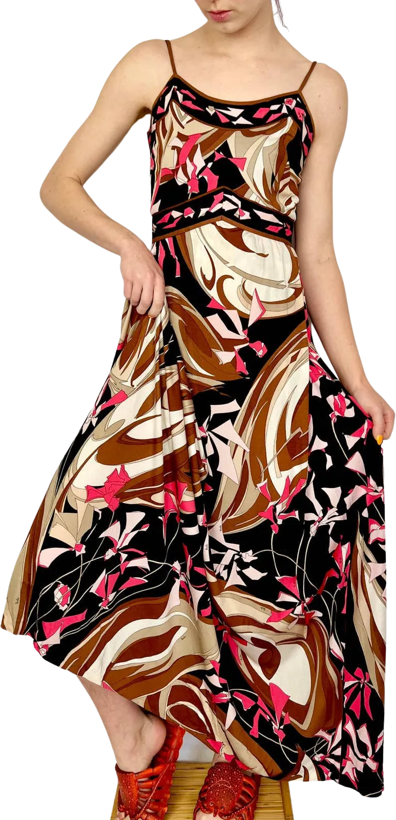 /70s Brown and Red Kaleidoscopic Maxi Strappy Dress by Emilio Pucci