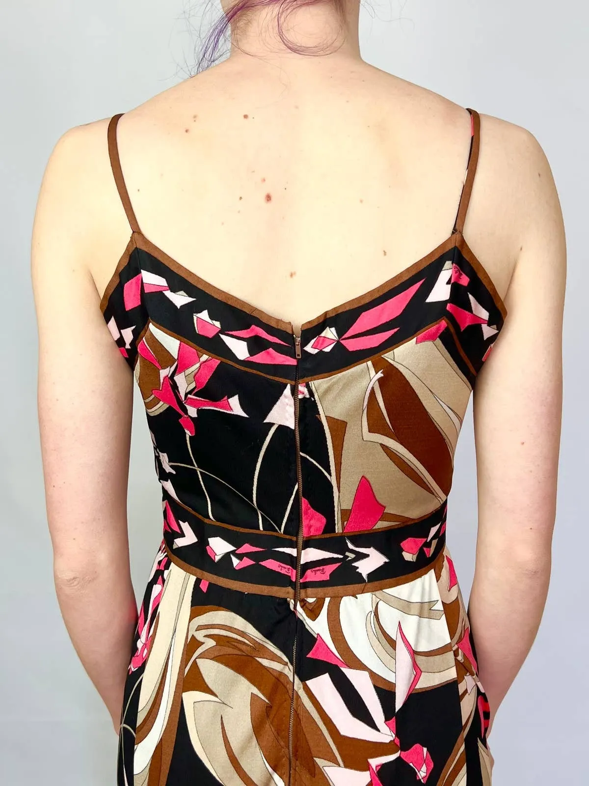 /70s Brown and Red Kaleidoscopic Maxi Strappy Dress by Emilio Pucci