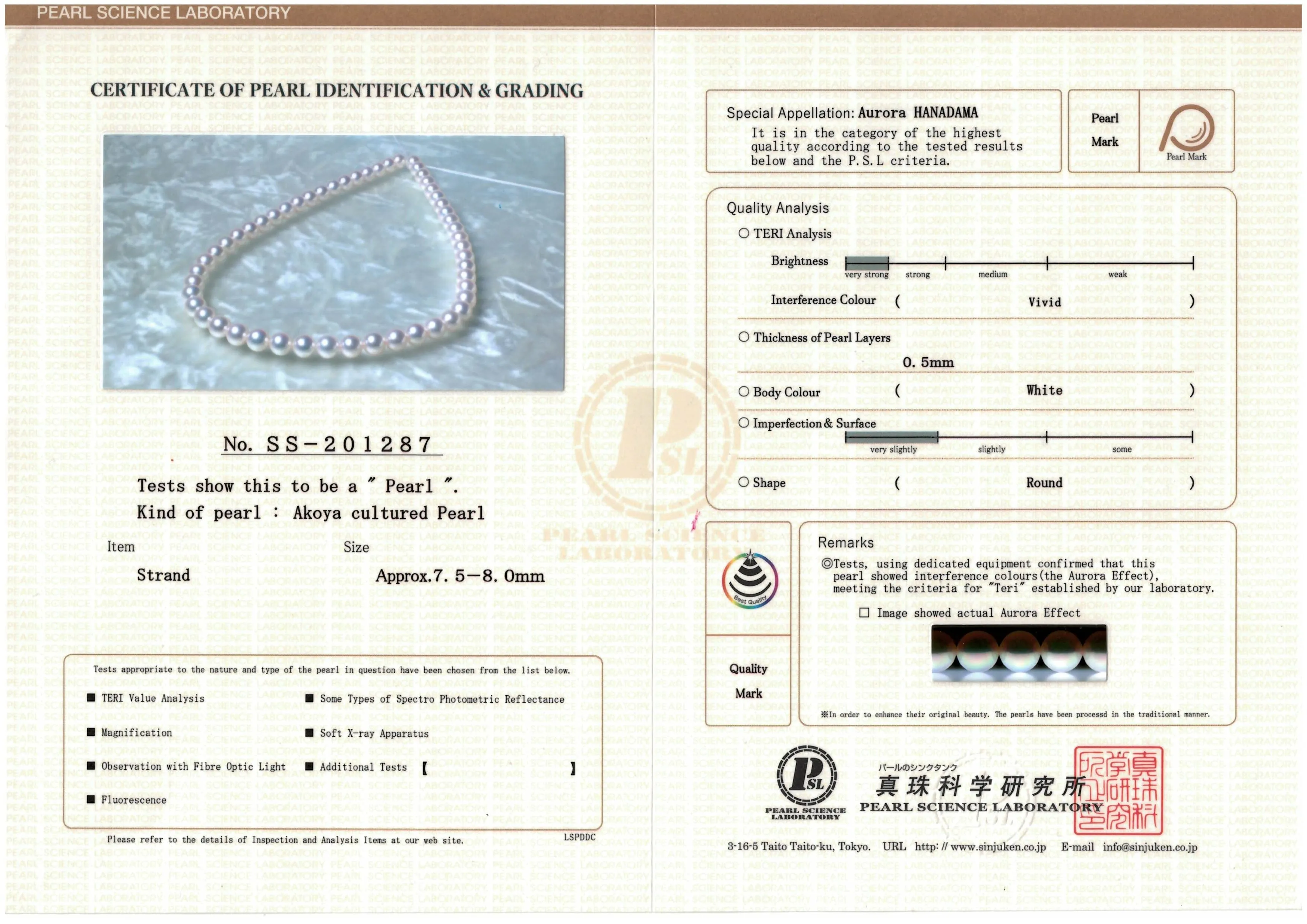 7.5-8.0 mm Hanadama Akoya Strand - PSL Certificate SS-201287