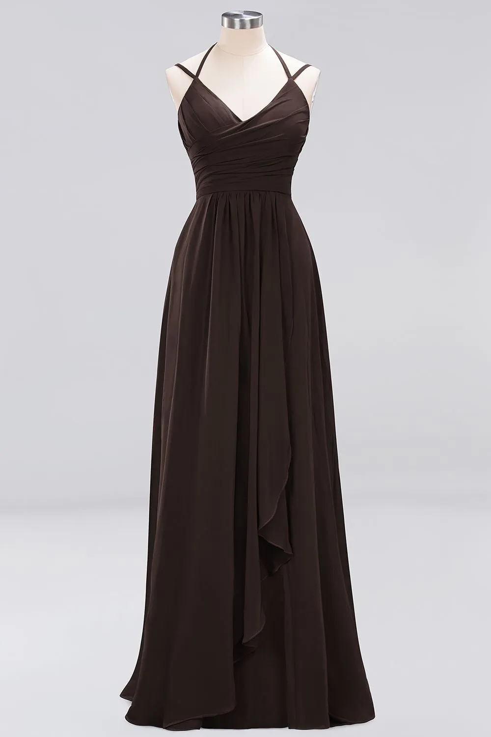 A-line Chiffon Spaghetti Straps Sleeveless Ruffles Long Bridesmaid Dresses