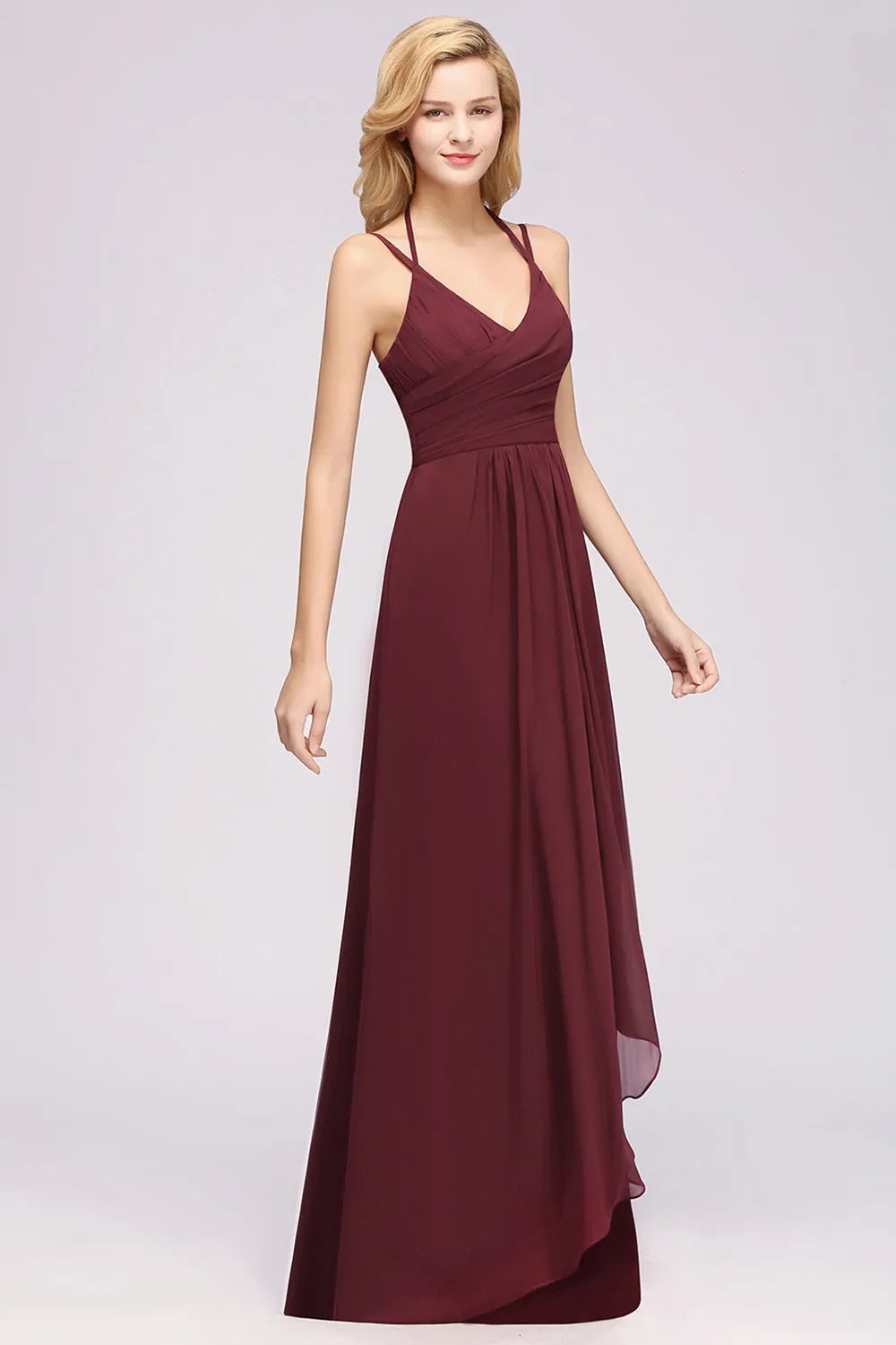 A-line Chiffon Spaghetti Straps Sleeveless Ruffles Long Bridesmaid Dresses