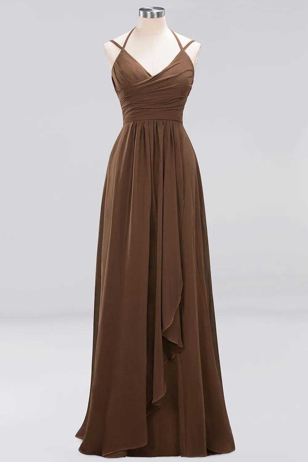 A-line Chiffon Spaghetti Straps Sleeveless Ruffles Long Bridesmaid Dresses