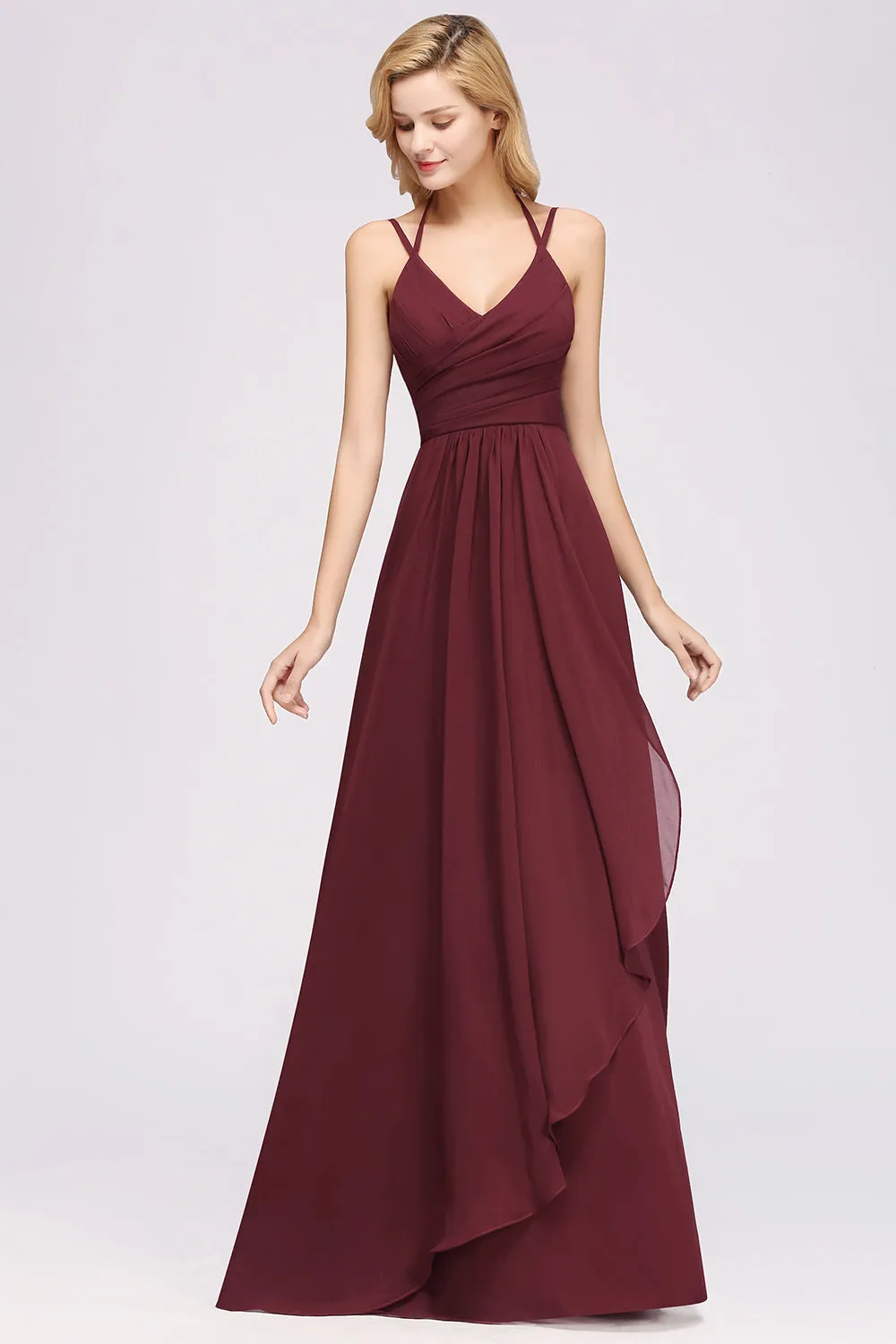 A-line Chiffon Spaghetti Straps Sleeveless Ruffles Long Bridesmaid Dresses