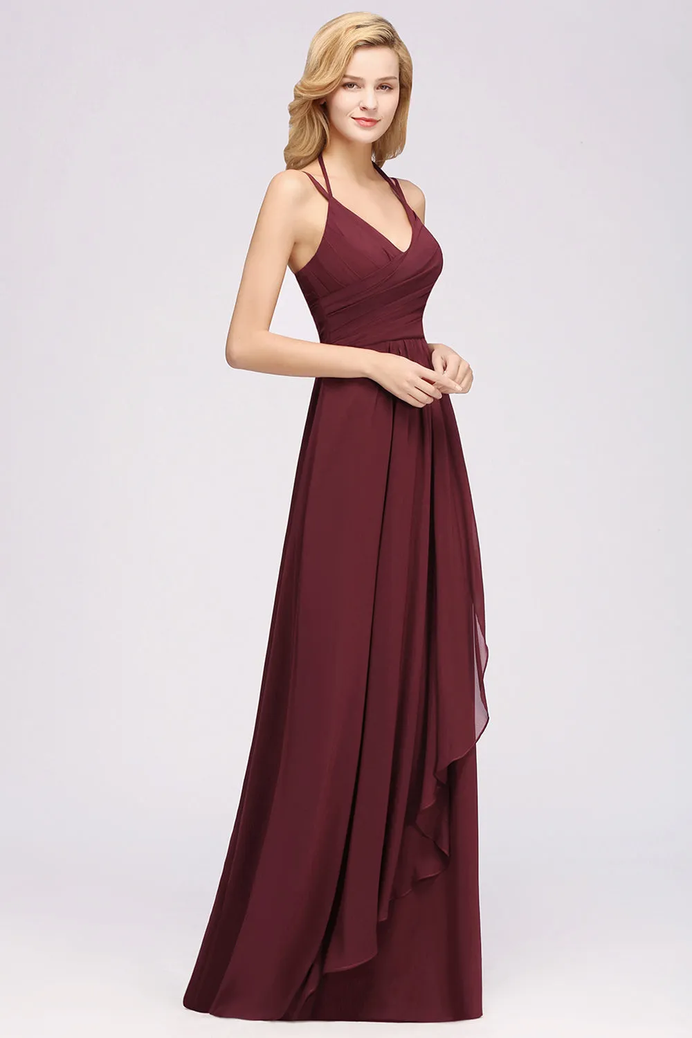 A-line Chiffon Spaghetti Straps Sleeveless Ruffles Long Bridesmaid Dresses