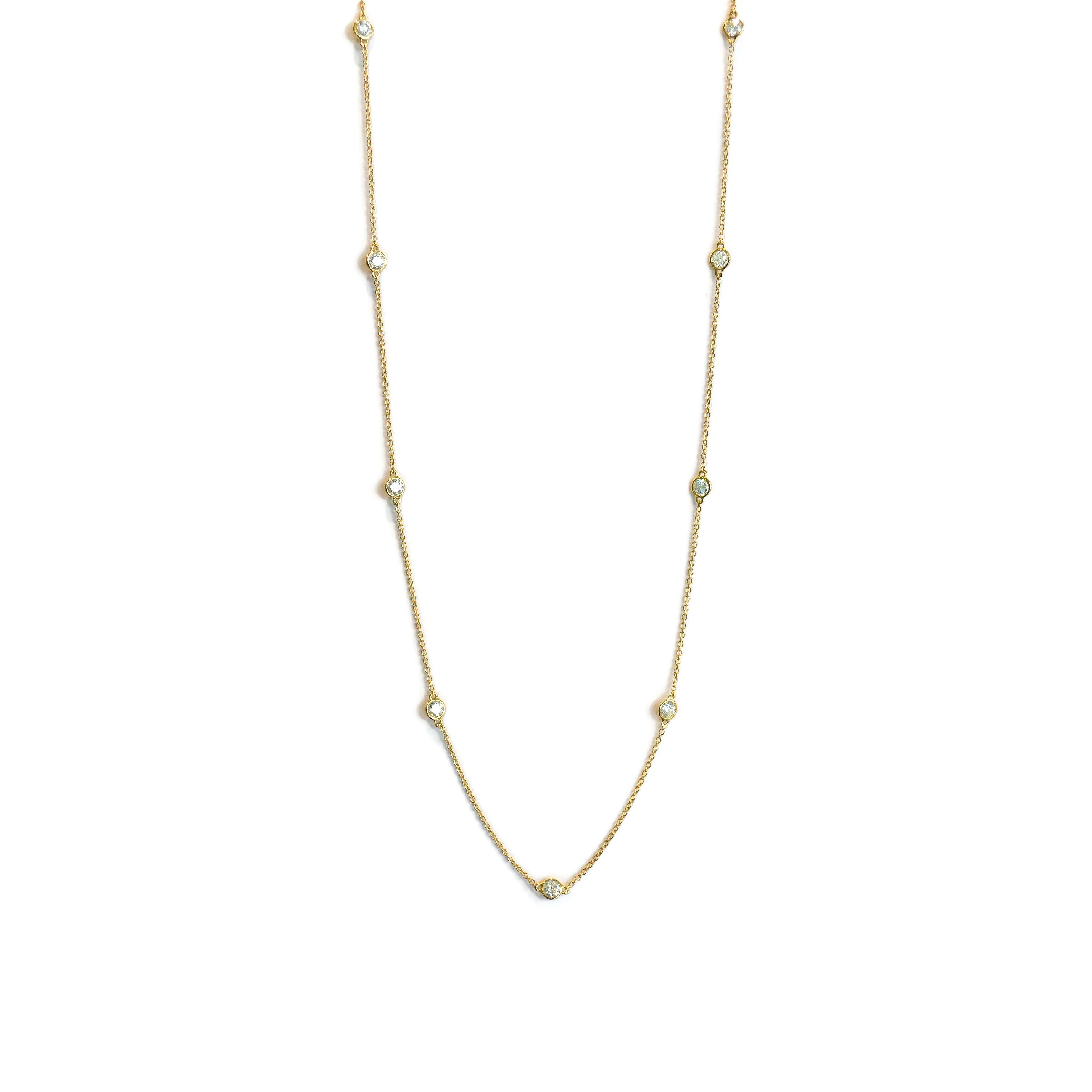 AFJ Diamond Collection - Station Necklace with 9 Diamonds, 18" Length, 14k Yellow Gold