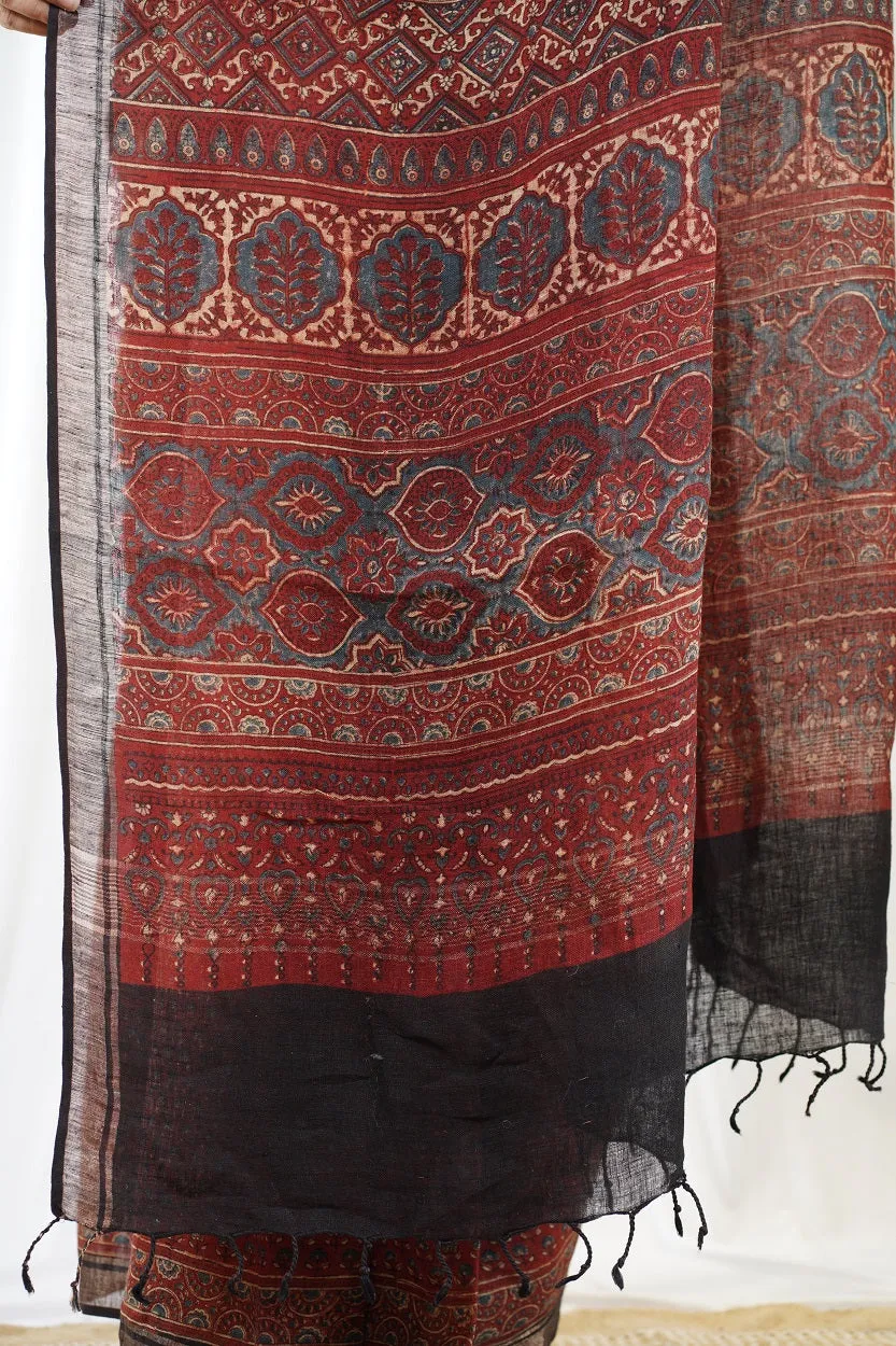 Ajrakh Hand Block Printed Linen Saree