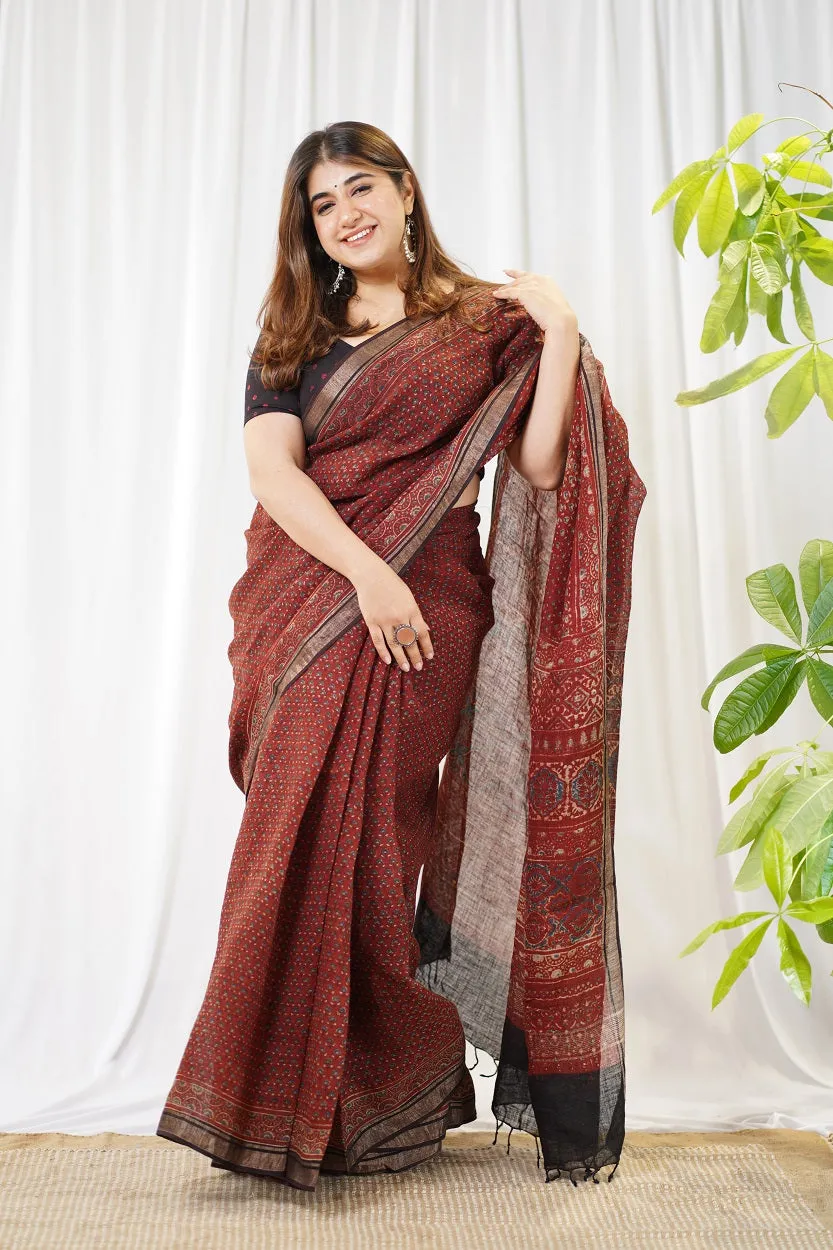 Ajrakh Hand Block Printed Linen Saree