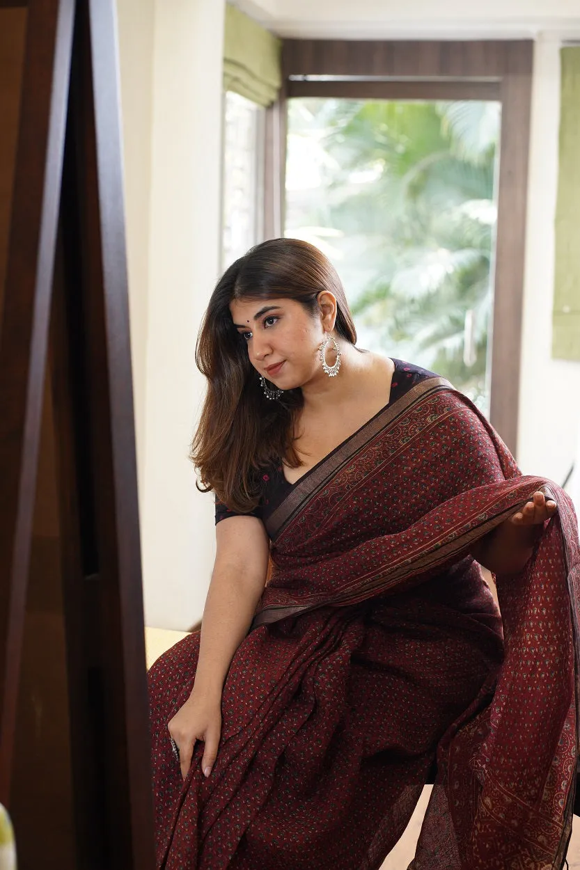 Ajrakh Hand Block Printed Linen Saree