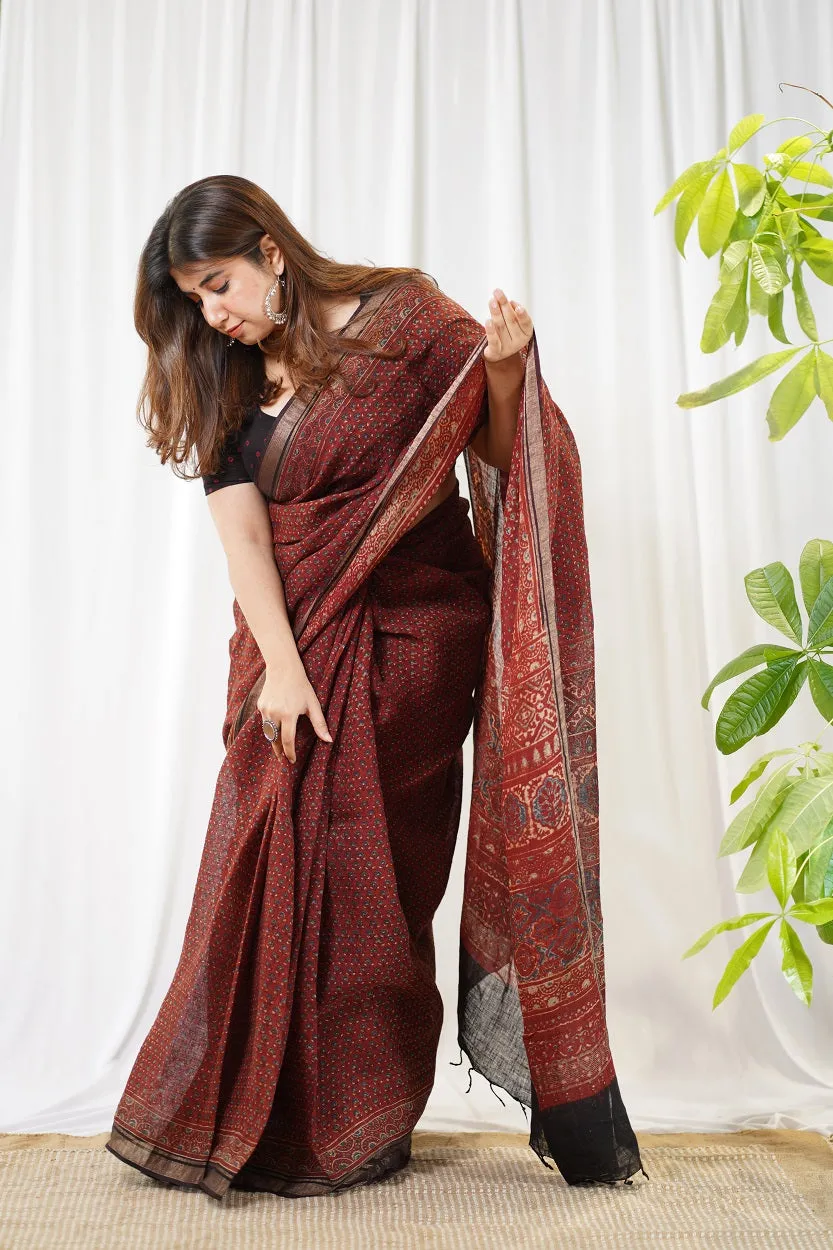 Ajrakh Hand Block Printed Linen Saree