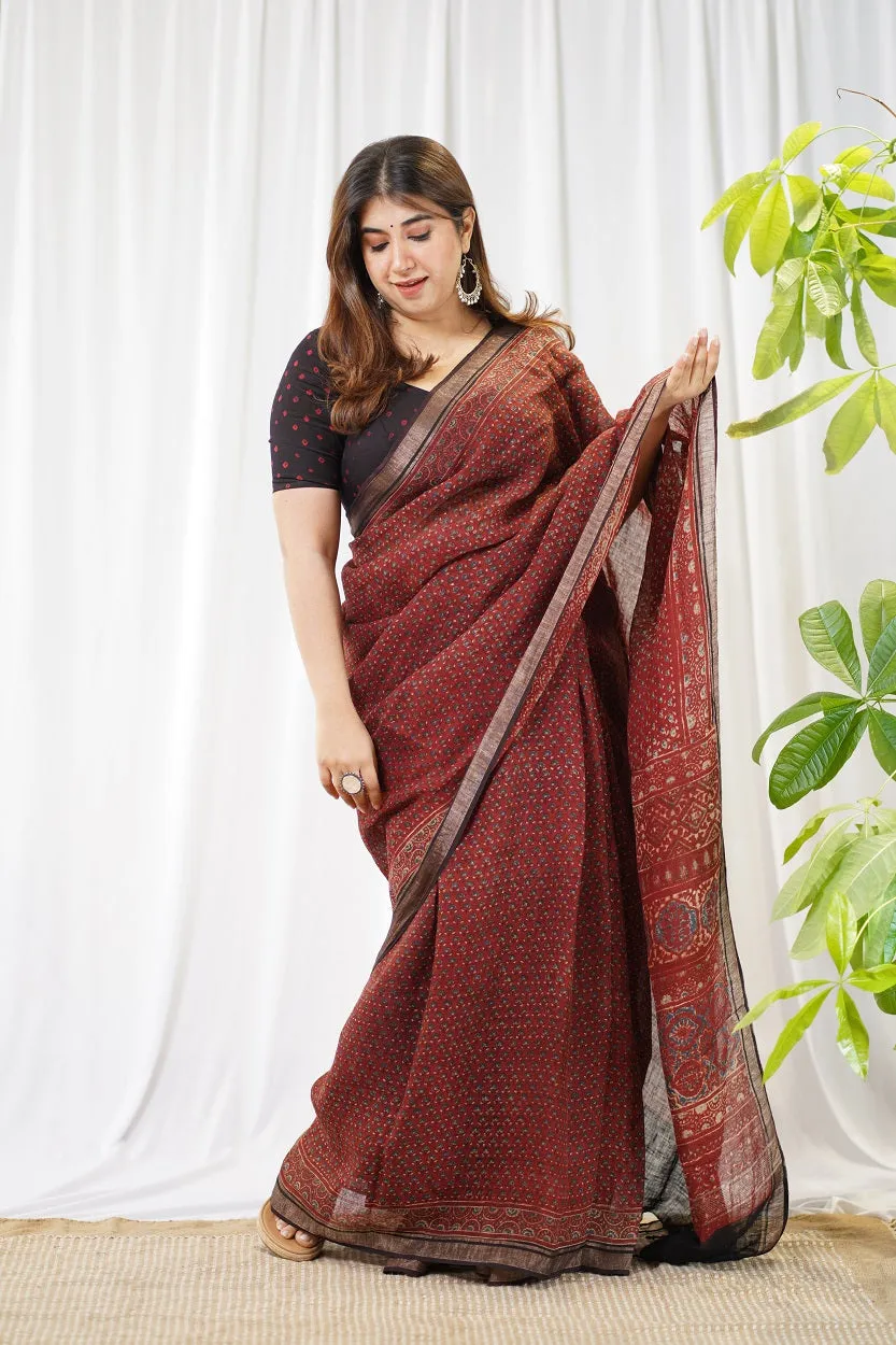 Ajrakh Hand Block Printed Linen Saree