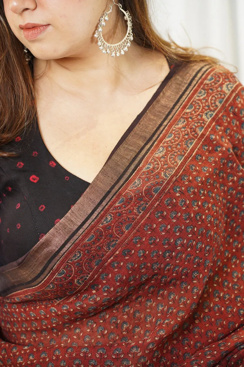 Ajrakh Hand Block Printed Linen Saree