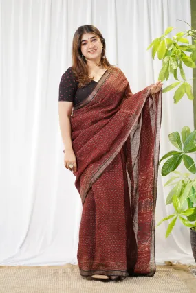 Ajrakh Hand Block Printed Linen Saree