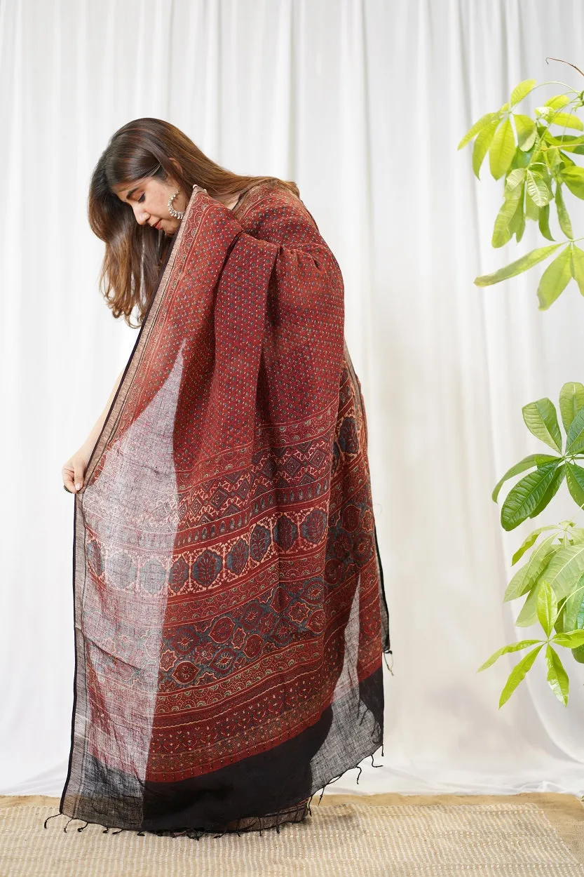 Ajrakh Hand Block Printed Linen Saree