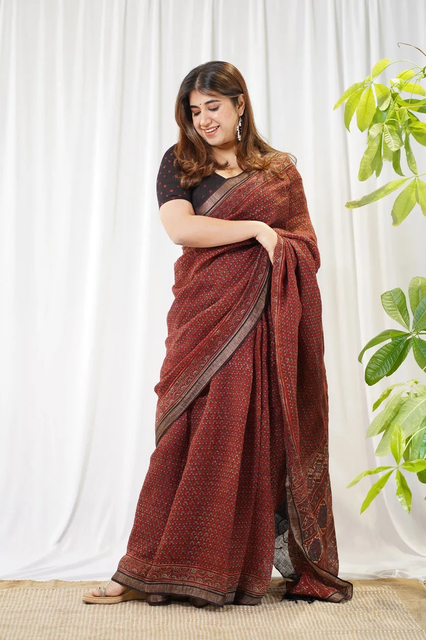 Ajrakh Hand Block Printed Linen Saree