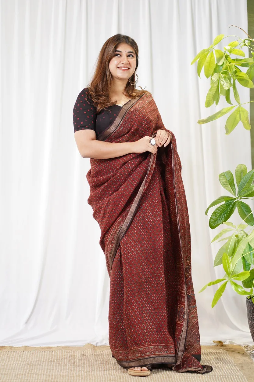 Ajrakh Hand Block Printed Linen Saree