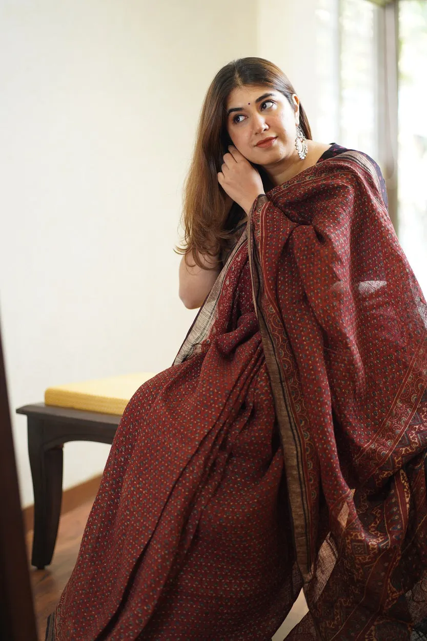 Ajrakh Hand Block Printed Linen Saree