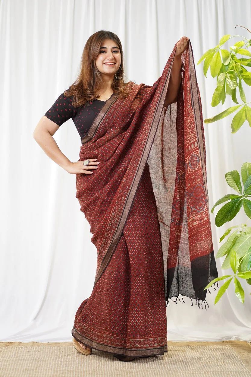 Ajrakh Hand Block Printed Linen Saree