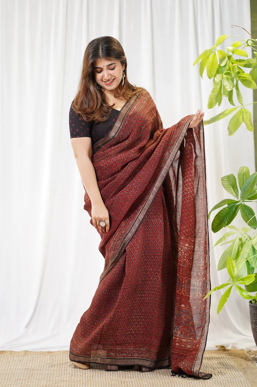 Ajrakh Hand Block Printed Linen Saree