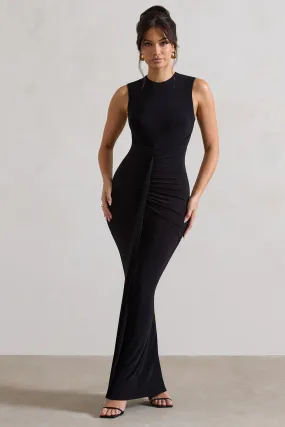 Alexa | Black High-Neck Gathered Maxi Dress With Drape