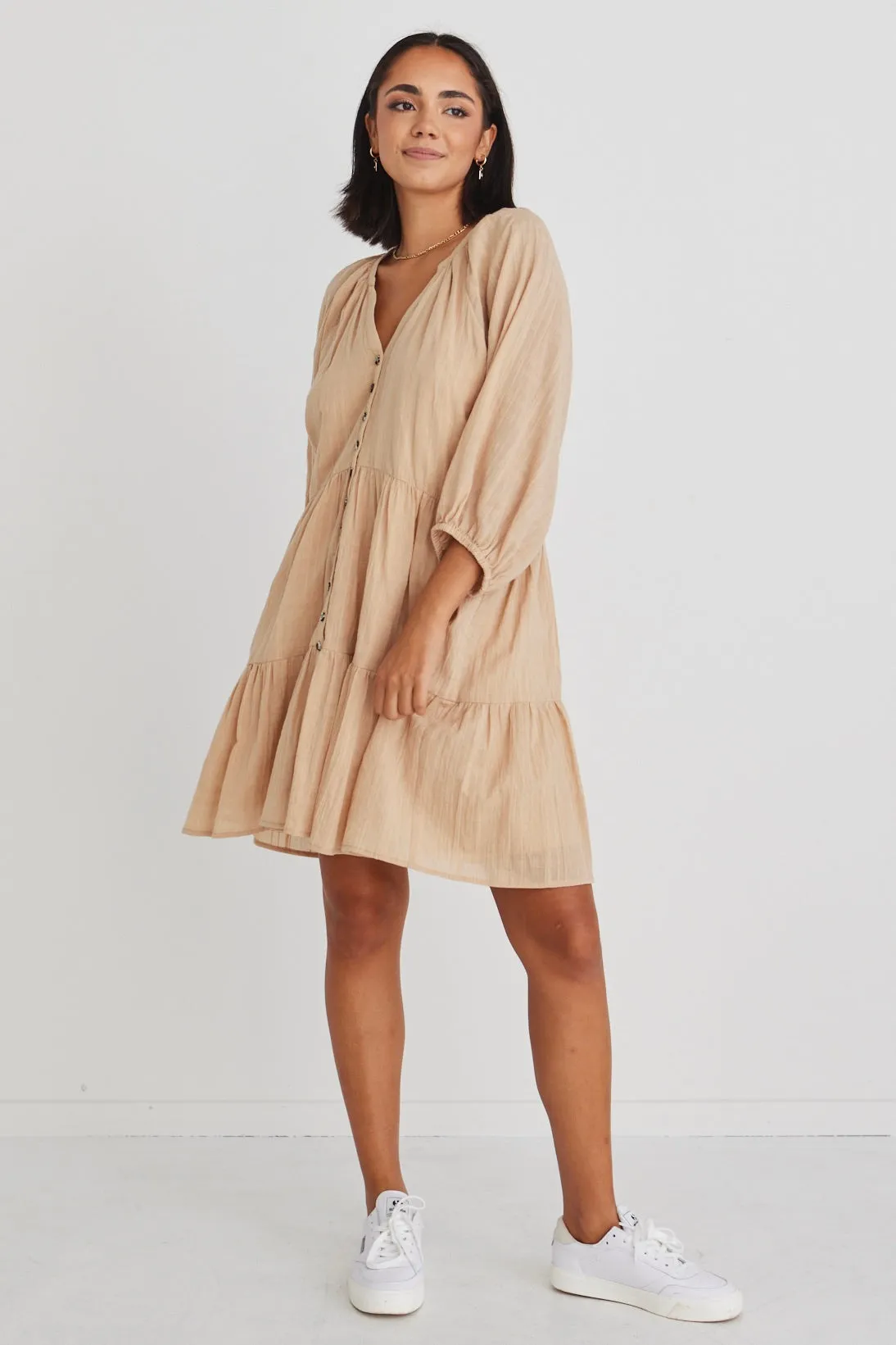 Aries Caramel Cotton Balloon Sleeve Tiered Button Front Mini Dress