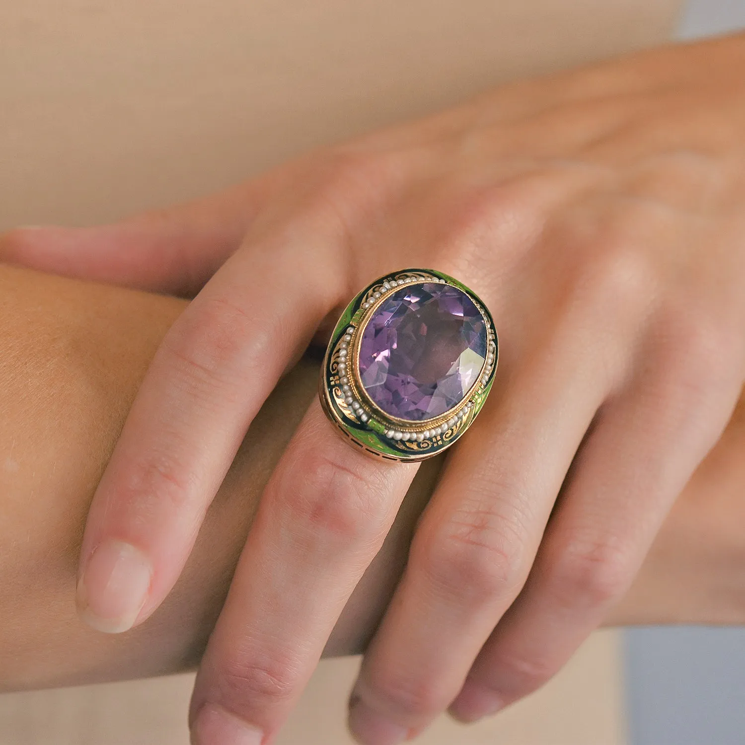 Art Deco Large 14kt Enameled Amethyst   Seed Pearl Ring