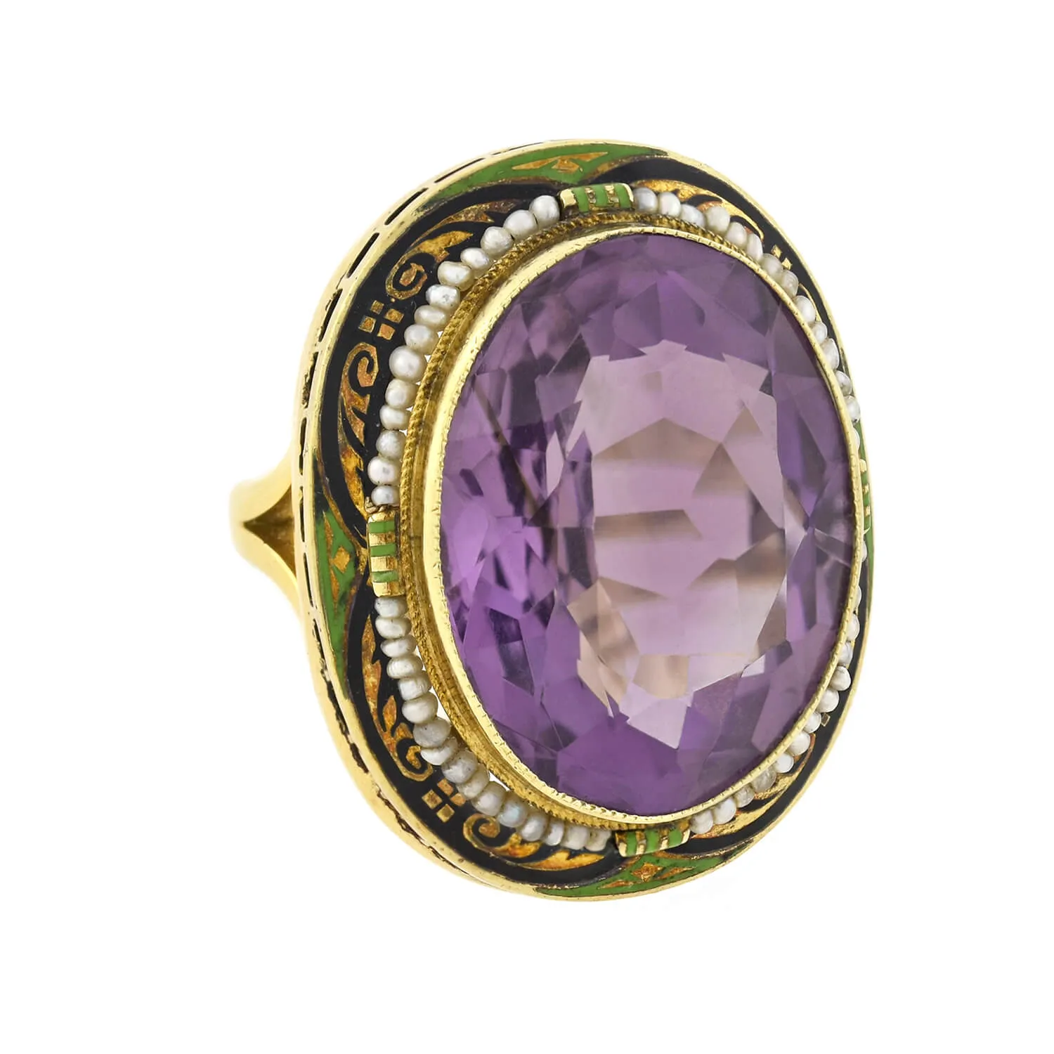 Art Deco Large 14kt Enameled Amethyst   Seed Pearl Ring