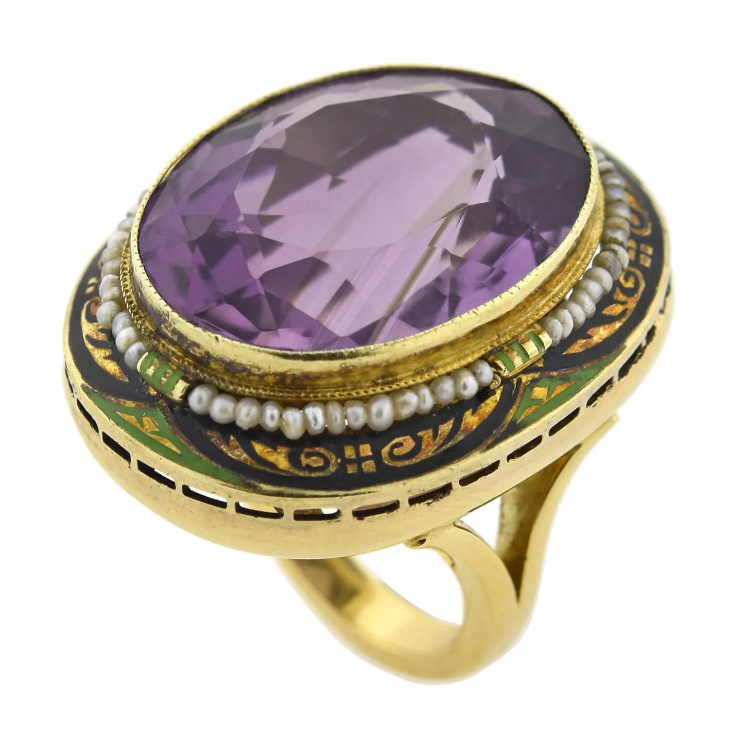 Art Deco Large 14kt Enameled Amethyst   Seed Pearl Ring