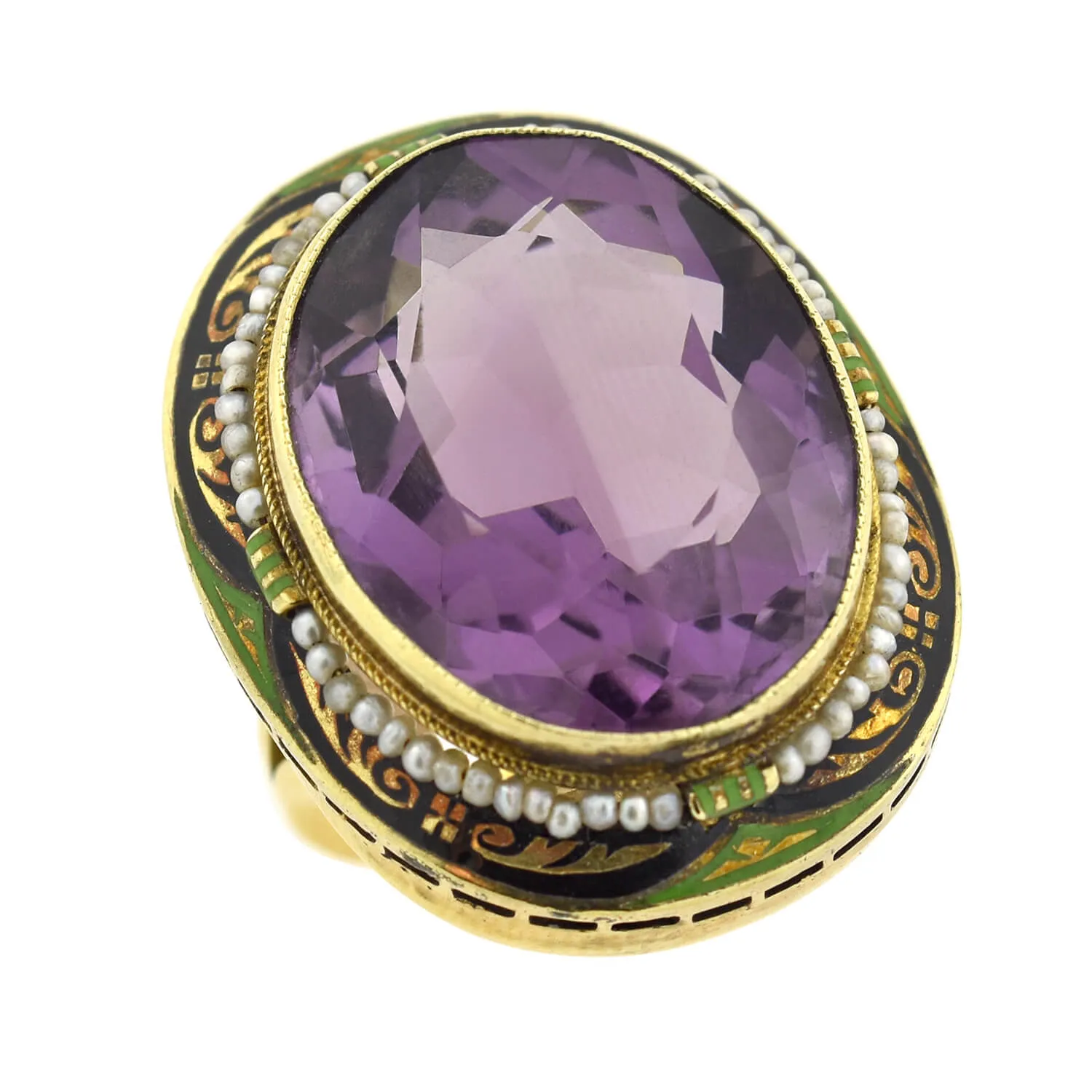 Art Deco Large 14kt Enameled Amethyst   Seed Pearl Ring