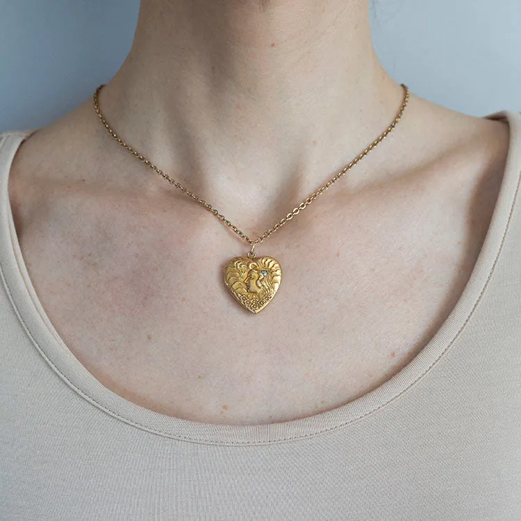 Art Nouveau 14kt Gold Diamond   Repousse Heart Locket