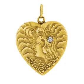 Art Nouveau 14kt Gold Diamond   Repousse Heart Locket