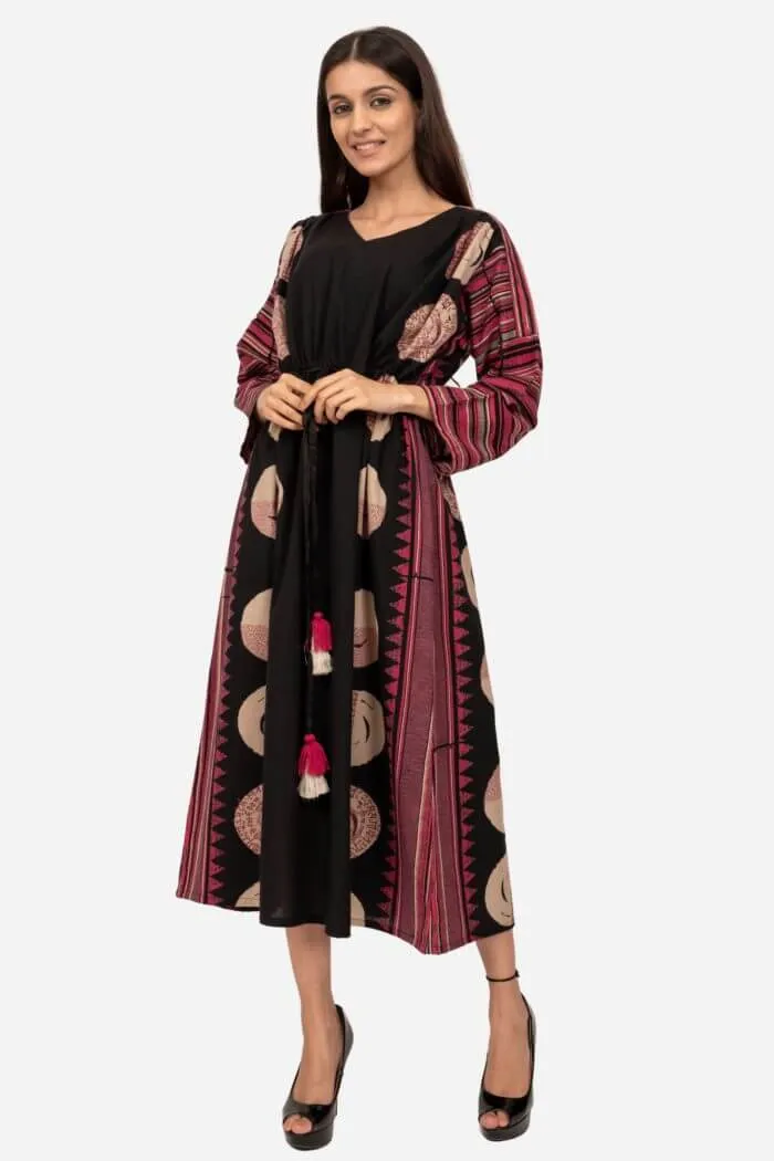 Black & Magenta Printed drop sleeve Dress