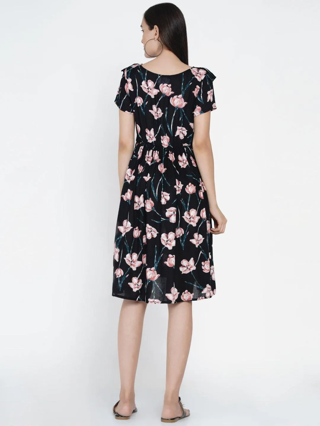 Black Floral Print Maternity and Nursing Midi Dress