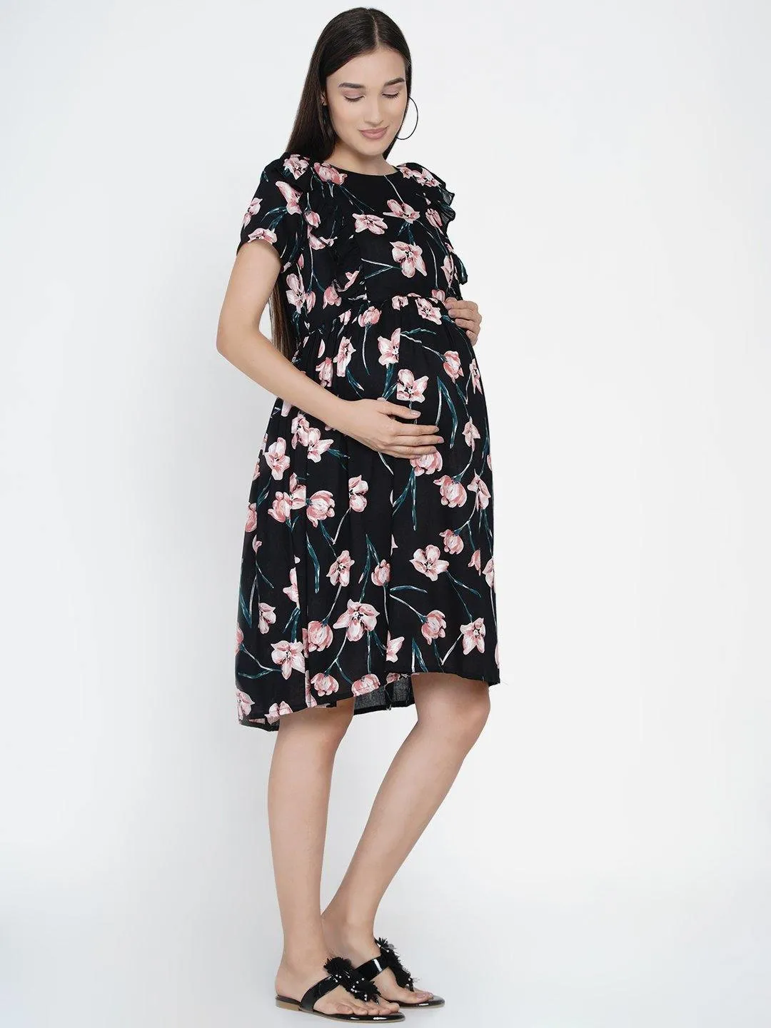 Black Floral Print Maternity and Nursing Midi Dress