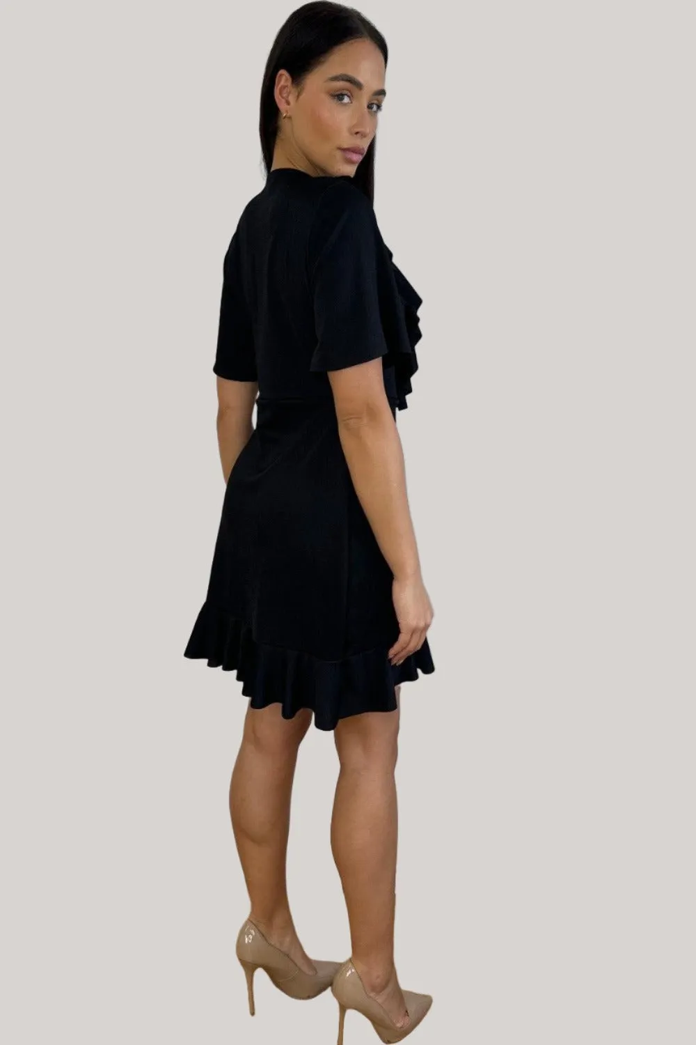 Black Frilled Satin Wrap Dress