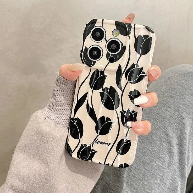 Black Tulip Flower Cute Phone Case for iPhone 11-15 Pro Max