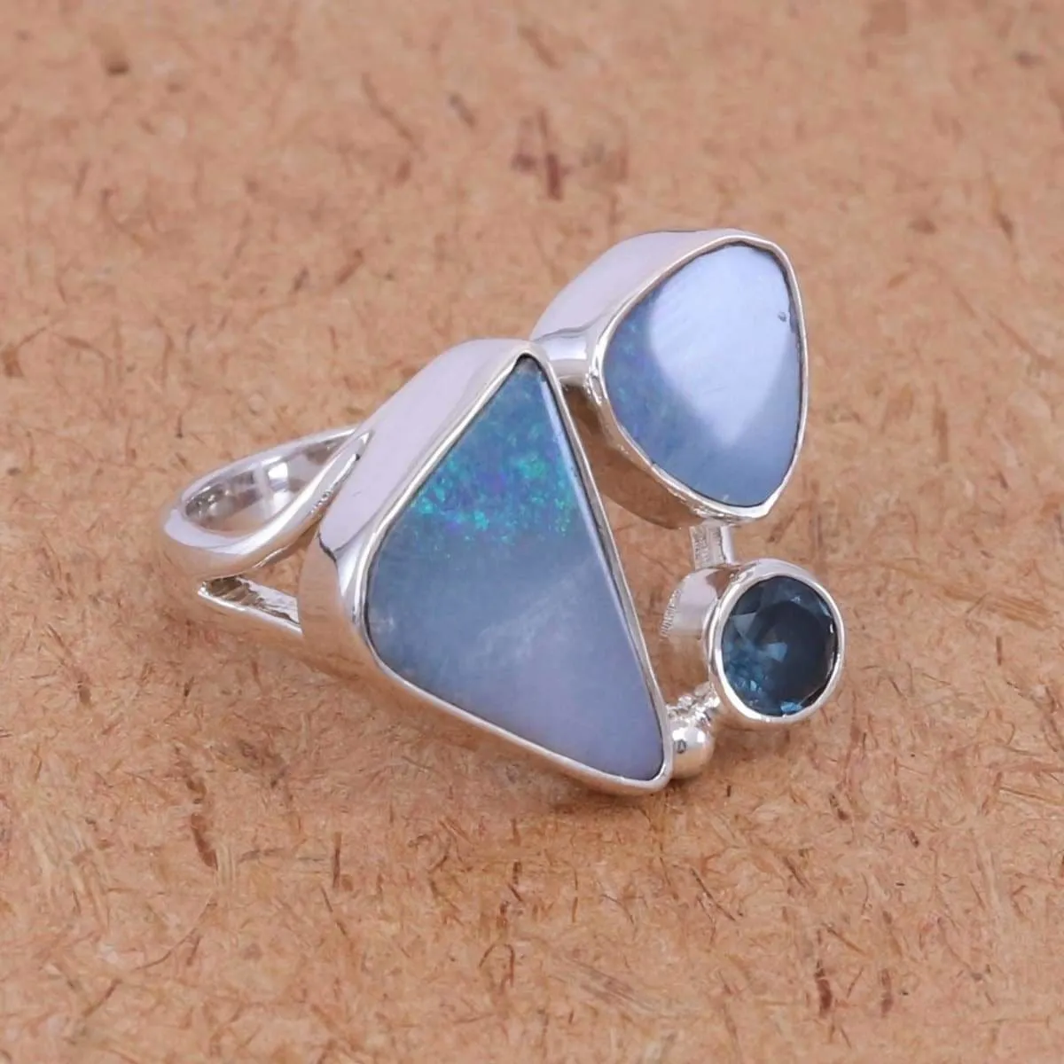 Blue Fire Real Doublet Opal Rings, Fancy Shape Blue Opal Gemstone 925 Silver, Blue Topaz, Stylish Opal and Swiss Blue Topaz Handmade Silver Ring