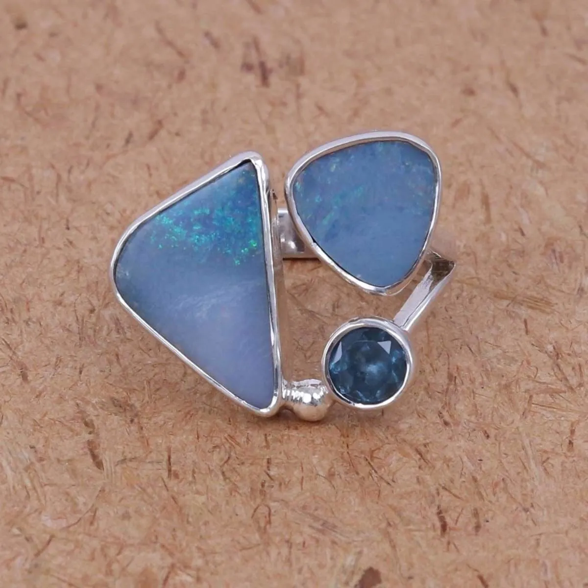 Blue Fire Real Doublet Opal Rings, Fancy Shape Blue Opal Gemstone 925 Silver, Blue Topaz, Stylish Opal and Swiss Blue Topaz Handmade Silver Ring