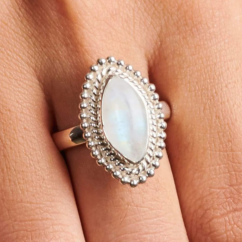 BLUE FLASH Rainbow Moonstone Marquise Ring, Natural Gemstone Ring, Fine Silver Ring, Birthday Gift for Women, Boho, sterling silver artisan jewelry, Nickel Free