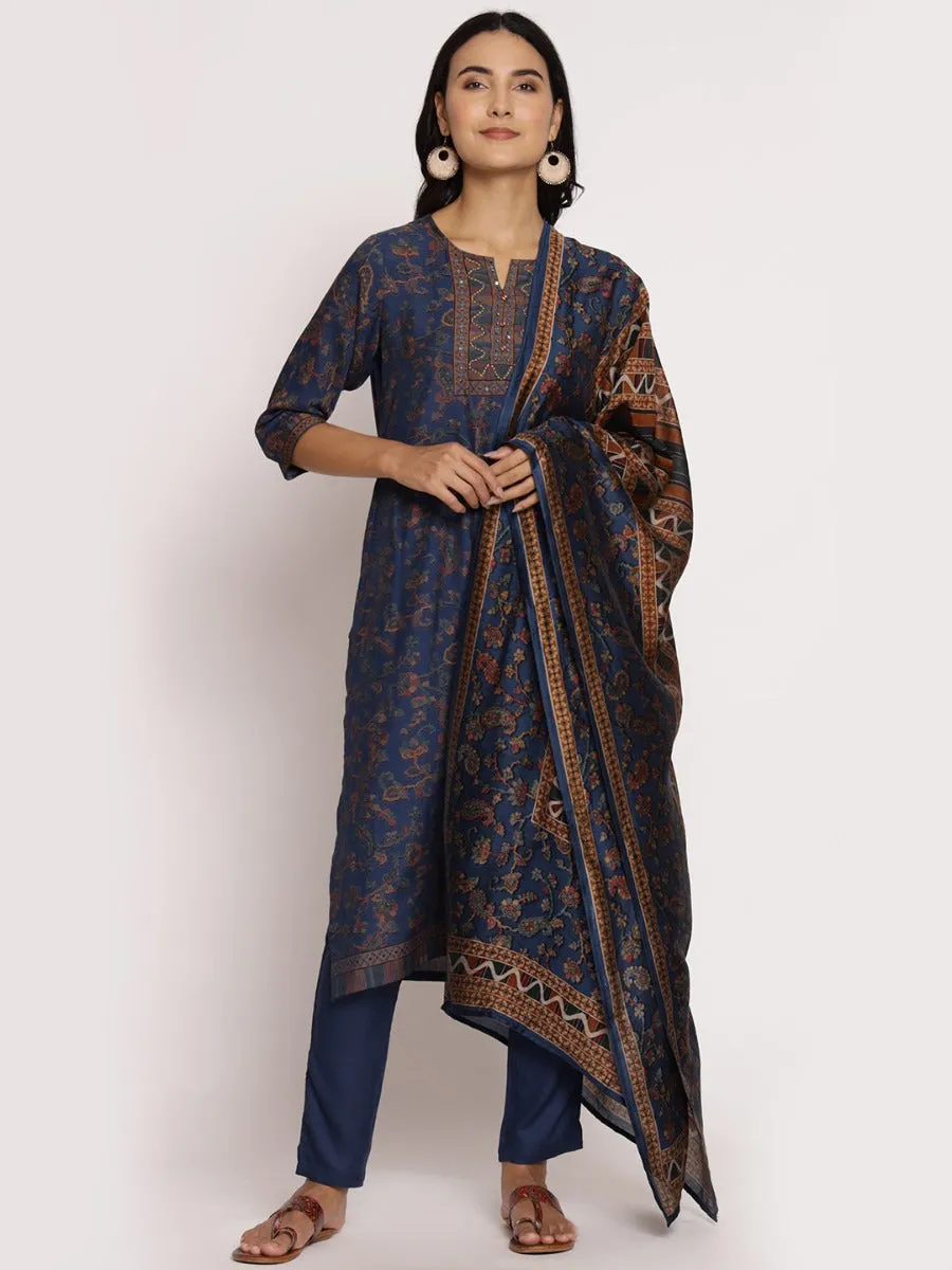 Blue Floral Printed Kurta Trouser Dupatta