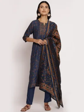 Blue Floral Printed Kurta Trouser Dupatta