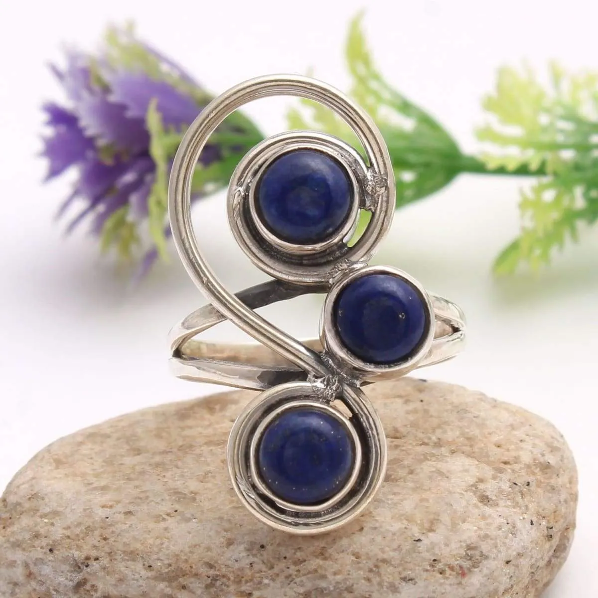 Blue Lapis Lazuli Gemstone Round Ring, 925 Sterling Silver Hand Made Ring US Size, Nickel Free, Handmade Ring