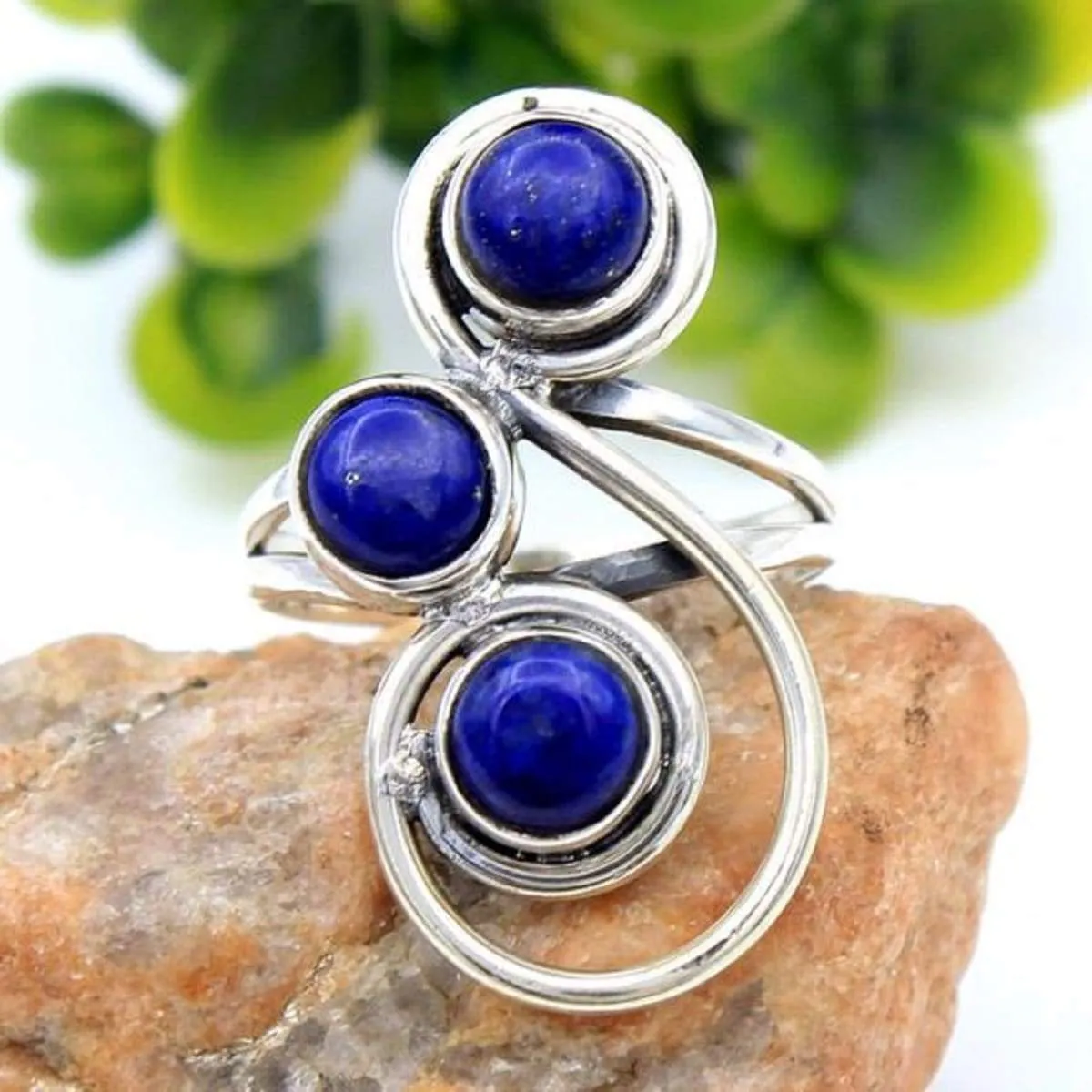 Blue Lapis Lazuli Gemstone Round Ring, 925 Sterling Silver Hand Made Ring US Size, Nickel Free, Handmade Ring