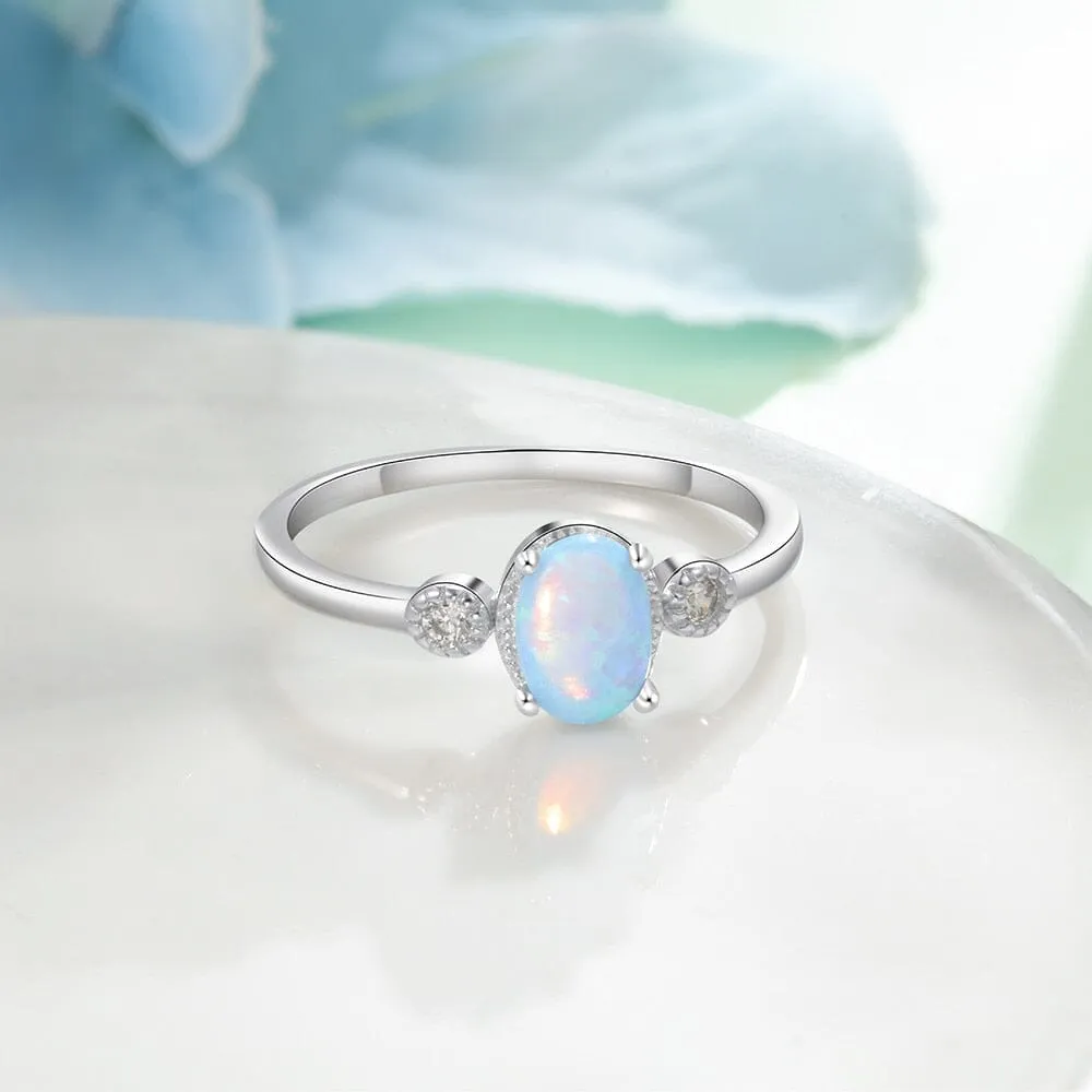 Blue Oval Stone Opal CZ Ring - 925 Sterling Silver